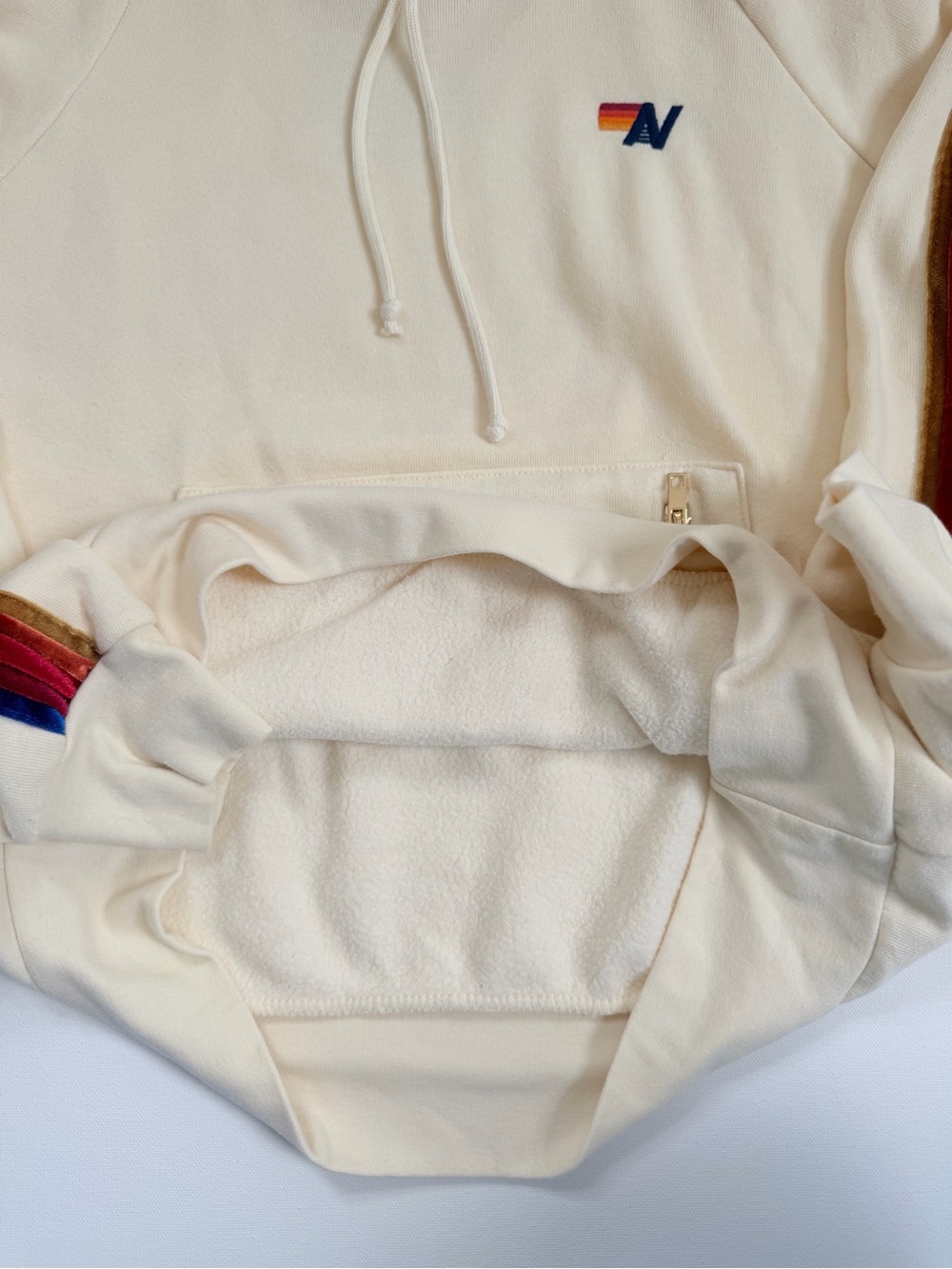 Aviator Nation Cream Hoodie with velvet Stripe Sleeve - RARE 🌈 MEDIUM - Picture 3 of 16